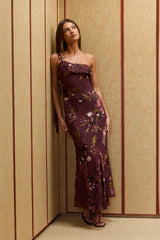 Opulent Bloom One Shoulder Maxi Dress Burgundy