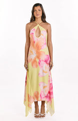 Elowen Yellow Hibiscus Floral Halter Maxi Dress
