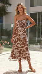 Leila Strapless Midi Dress - Brown Print