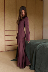 Sweet Clover Long Sleeve Satin Maxi Dress Chocolate