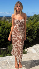 Leila Strapless Midi Dress - Brown Print