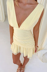 Brandie Yellow Ruched V Neck Mini Dress