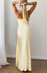Novie Yellow Tie Detail Satin Strapless Maxi Dress