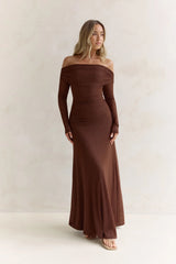 Carmelita Long Sleeve Off Shoulder Maxi Dress Brown