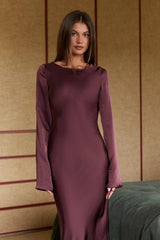 Sweet Clover Long Sleeve Satin Maxi Dress Chocolate