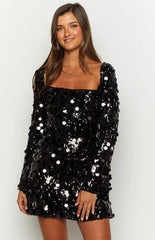 Marienne Black Large Sequin Long Sleeve Mini Dress