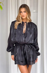 Quinton Black Satin Long Sleeve Tie Mini Dress