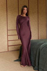 Sweet Clover Long Sleeve Satin Maxi Dress Chocolate