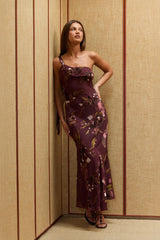 Opulent Bloom One Shoulder Maxi Dress Burgundy