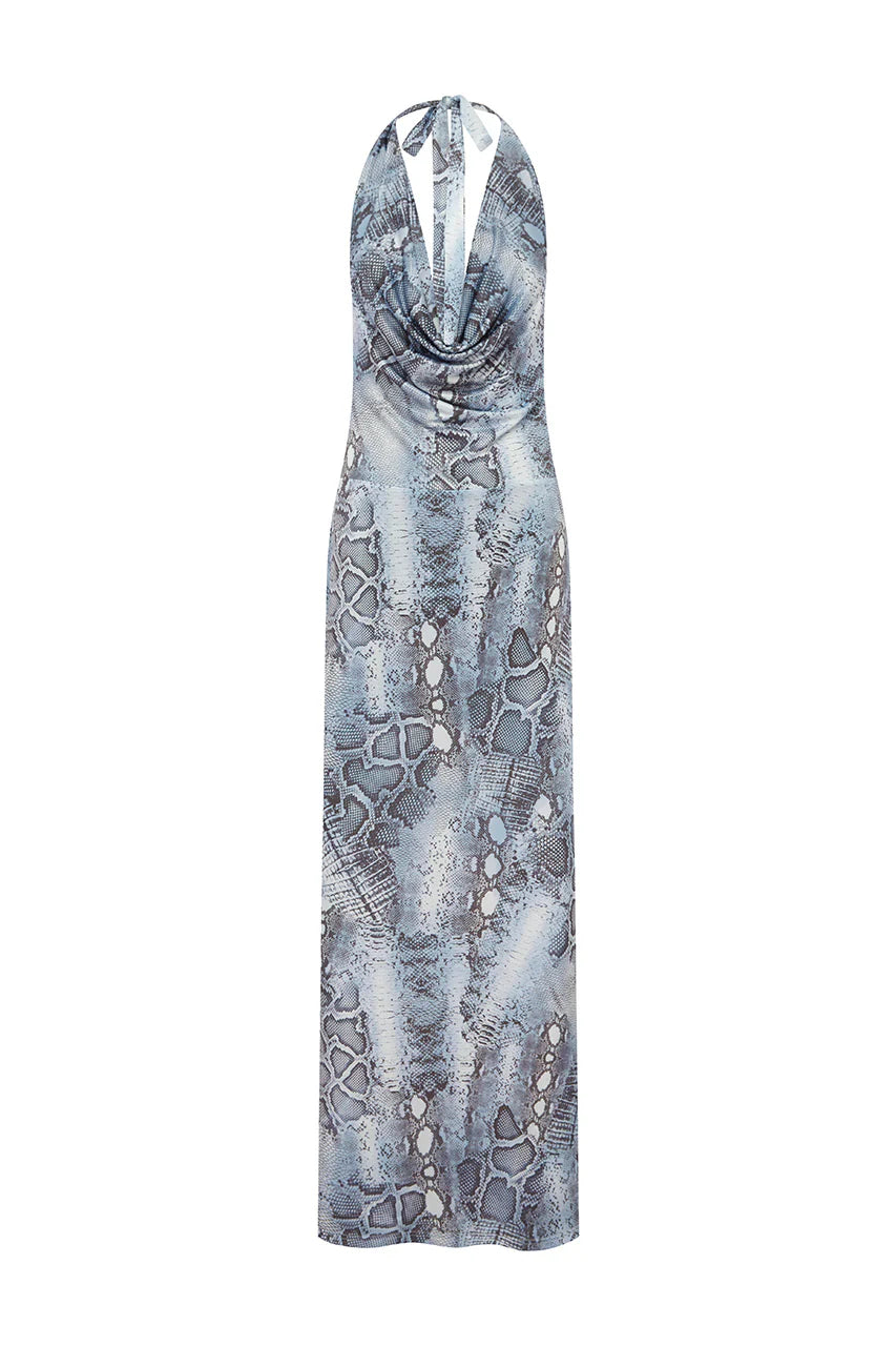 LOTUS HALTER COWL MAXI DRESS - STEEL VIPER