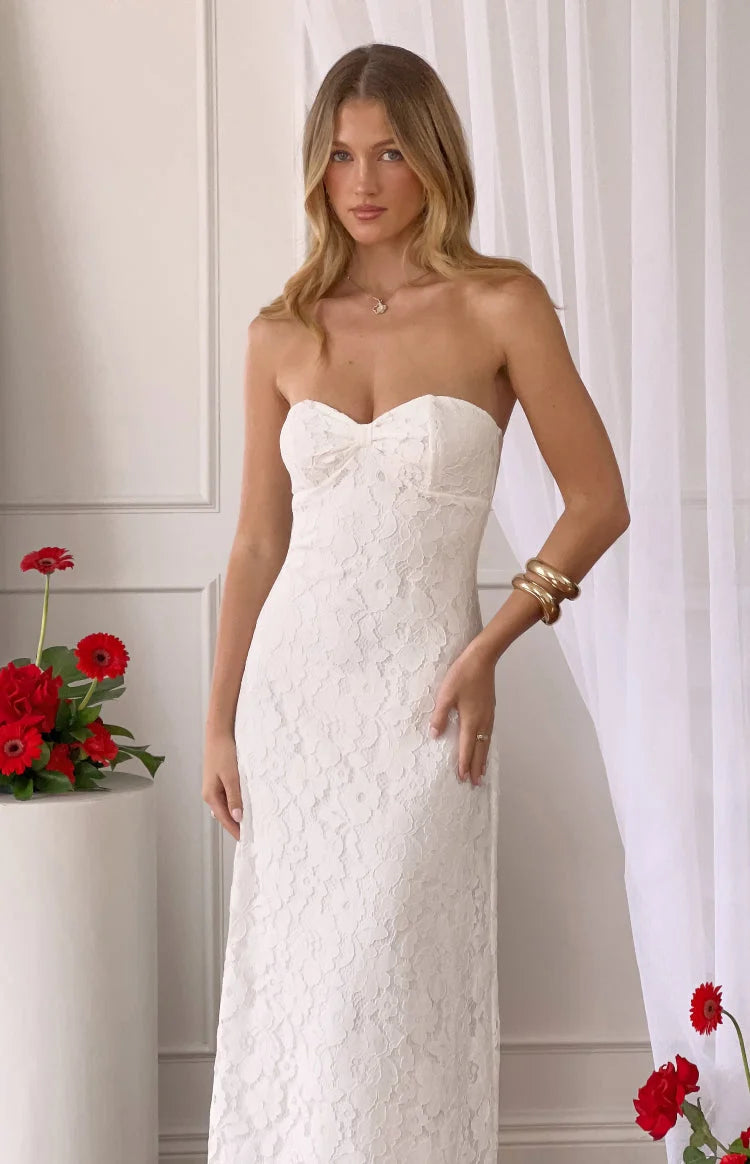 Francia White Lace Strapless Maxi Dress
