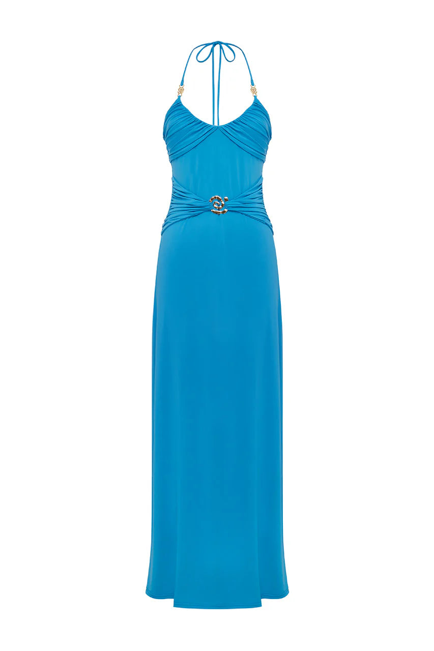 NINA RUCHED HALTER MAXI DRESS - OCEAN