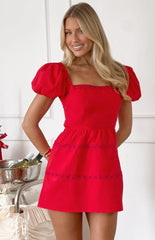 Suza Red Cotton Broderie Trim Mini Dress