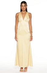 Nicolina Yellow Satin Formal Maxi Dress