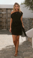 Laia Off Shoulder Mini Dress and Fringe Scarf - Black