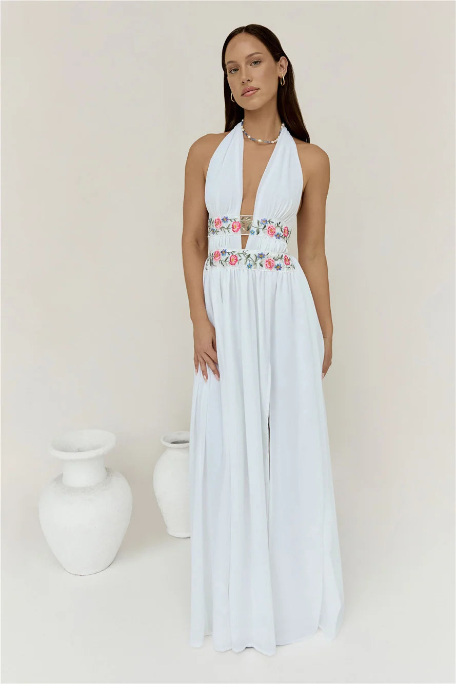 Maldives Garden Halter Maxi Dress White