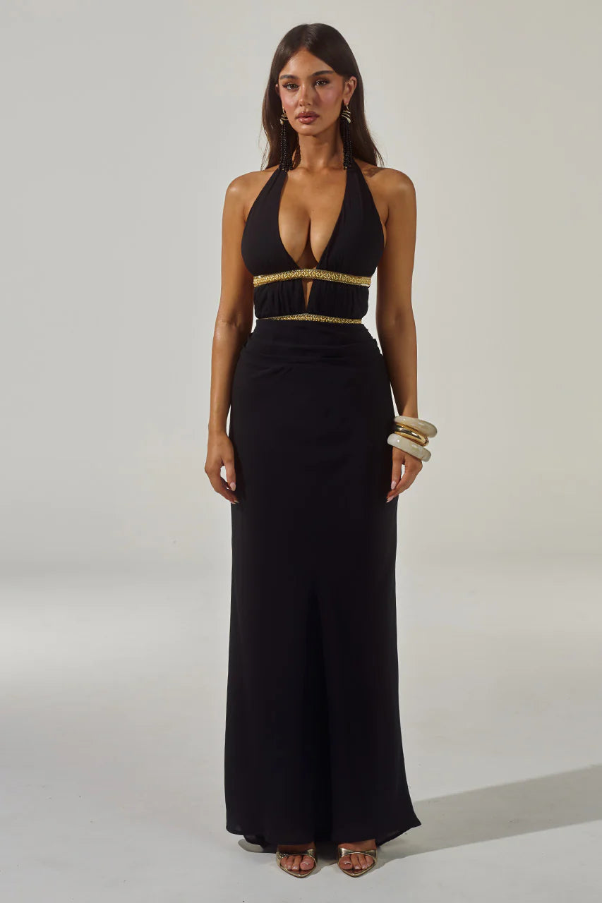 XYLIA HALTER LOW PLUNGE MAXI DRESS - BLACK