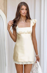 Dasha Yellow Satin Lace Trim Mini Dress