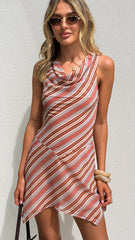 Naida Cowl Neck Mini Dress - Rust Stripe