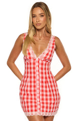Elliana Red Gingham Lace Trim Mini Dress