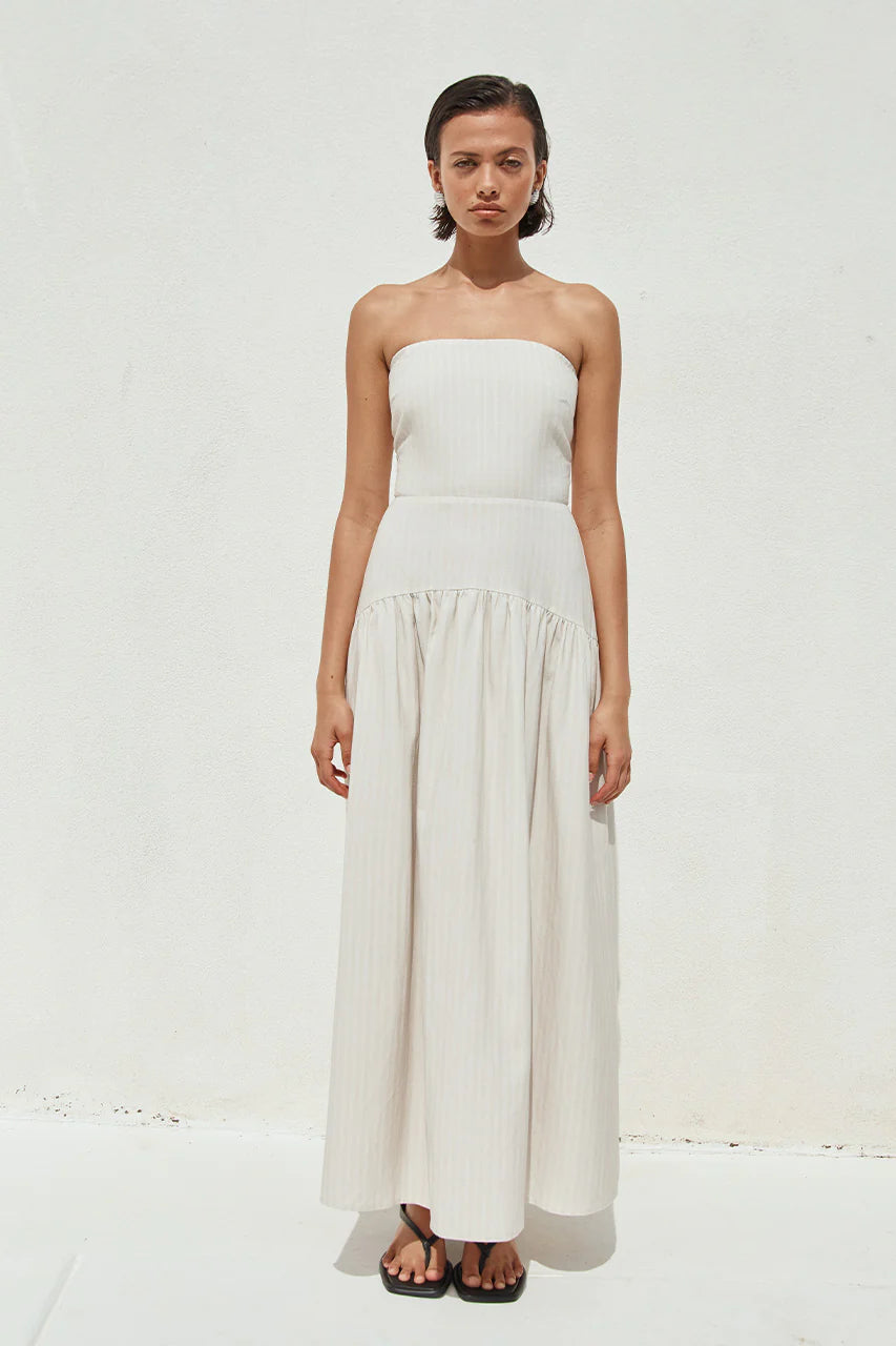 HEATHER MIDI DRESS - STONE PINSTRIPE
