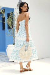 Under Palm Trees Strapless Midi Dress Blue